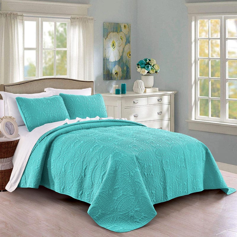 Pure Bedding Quilt Set King/Cal King/California King Size Aqua - Oversized Bedspread - Soft Microfiber Lightweight Coverlet for All Season - 3 Piece Includes 1 Quilt and 2 Shams, Geometric Pattern - Image 1